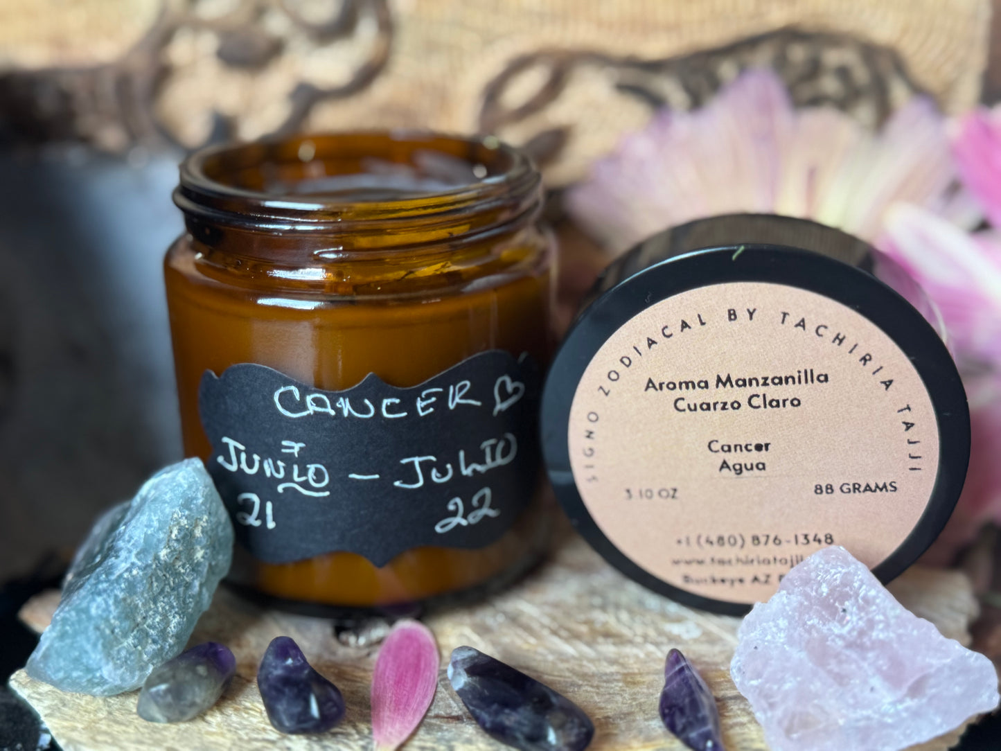 Vela Zodiacal Cáncer Con Cristales Cuarzo Claro Enfocado En Protección Emocional