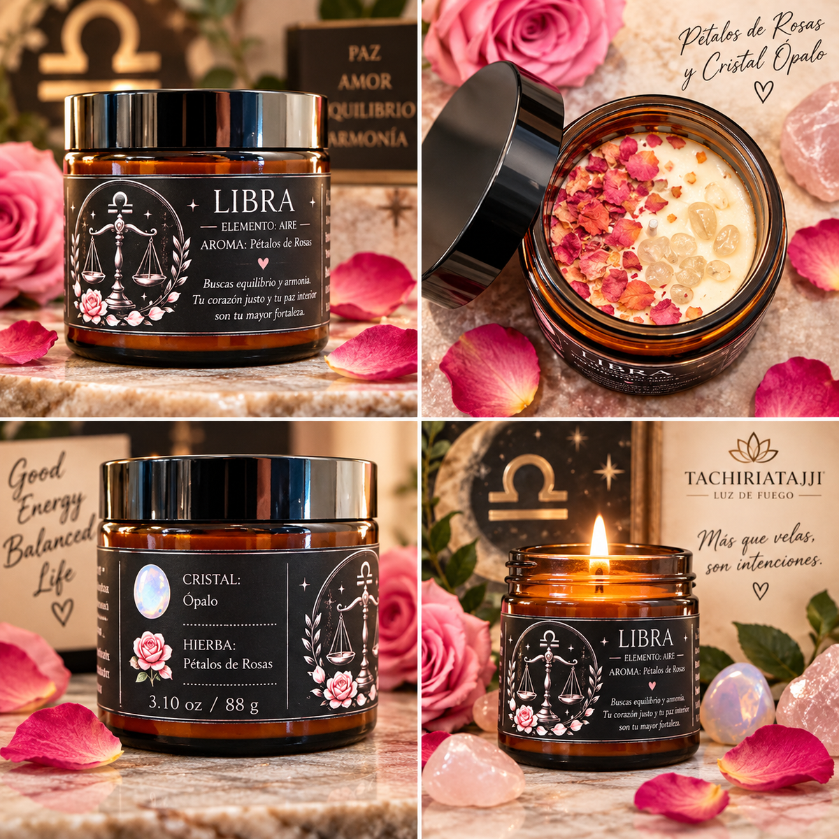 Collage de vela zodiacal Libra TachiriaTajji con pétalos de rosas, cristal ópalo y frasco ámbar artesanal.