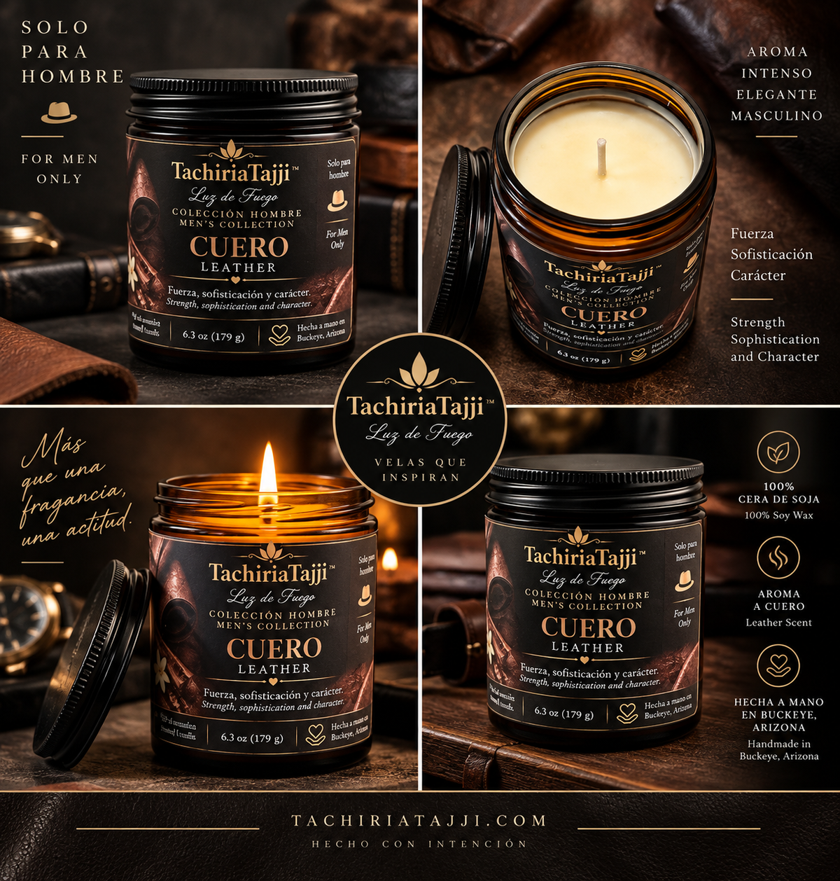 Colección Hombre TachiriaTajji vela Cuero Leather de 6.3 oz con cera de soja y aroma masculino a cuero.