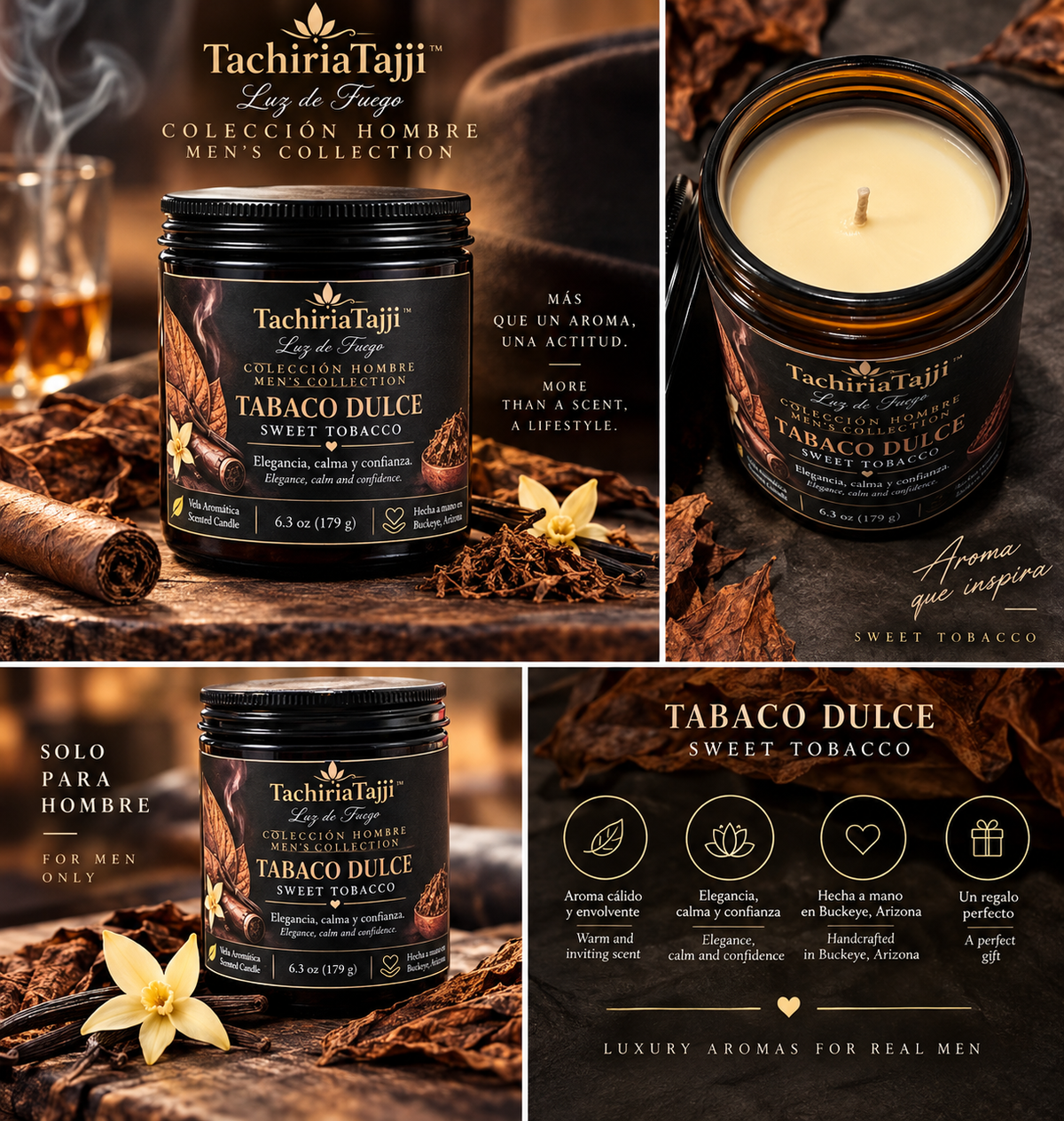 Four views of TachiriaTajji Tabaco Dulce Sweet Tobacco scented candle for men, 6.3 oz handmade candle.