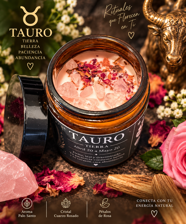 ♉ Tauro-Vela Zodiacal – Palo Santo | Cuarzo Rosado | Pétalos de Rosa