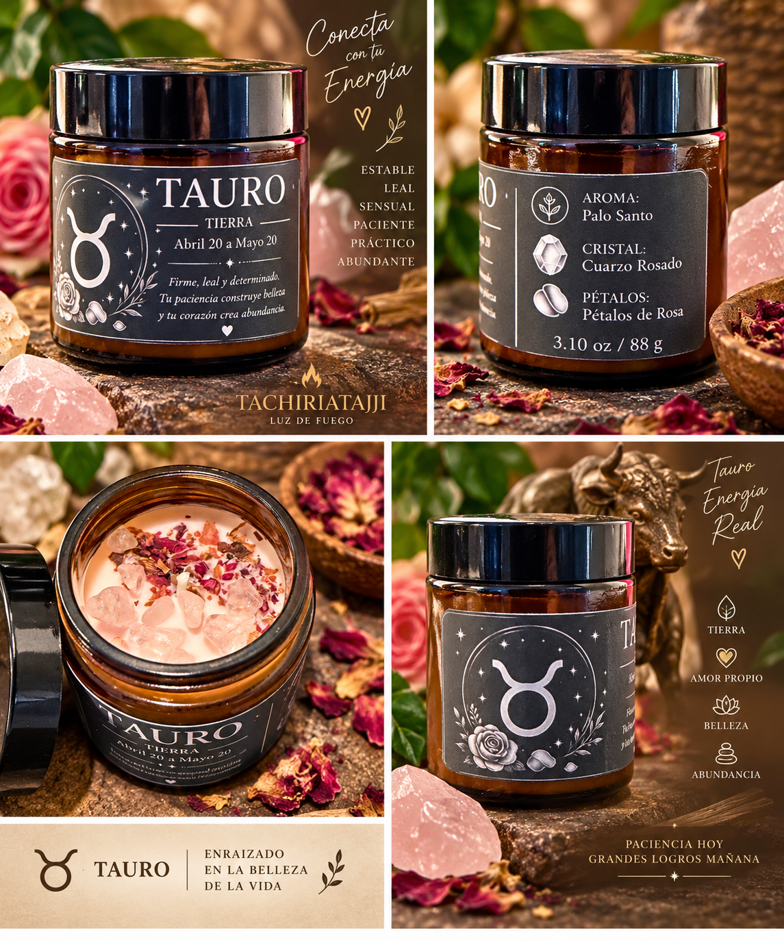 ela zodiacal Tauro TachiriaTajji con Palo Santo, cuarzo rosado y pétalos de rosa en presentación artesanal.