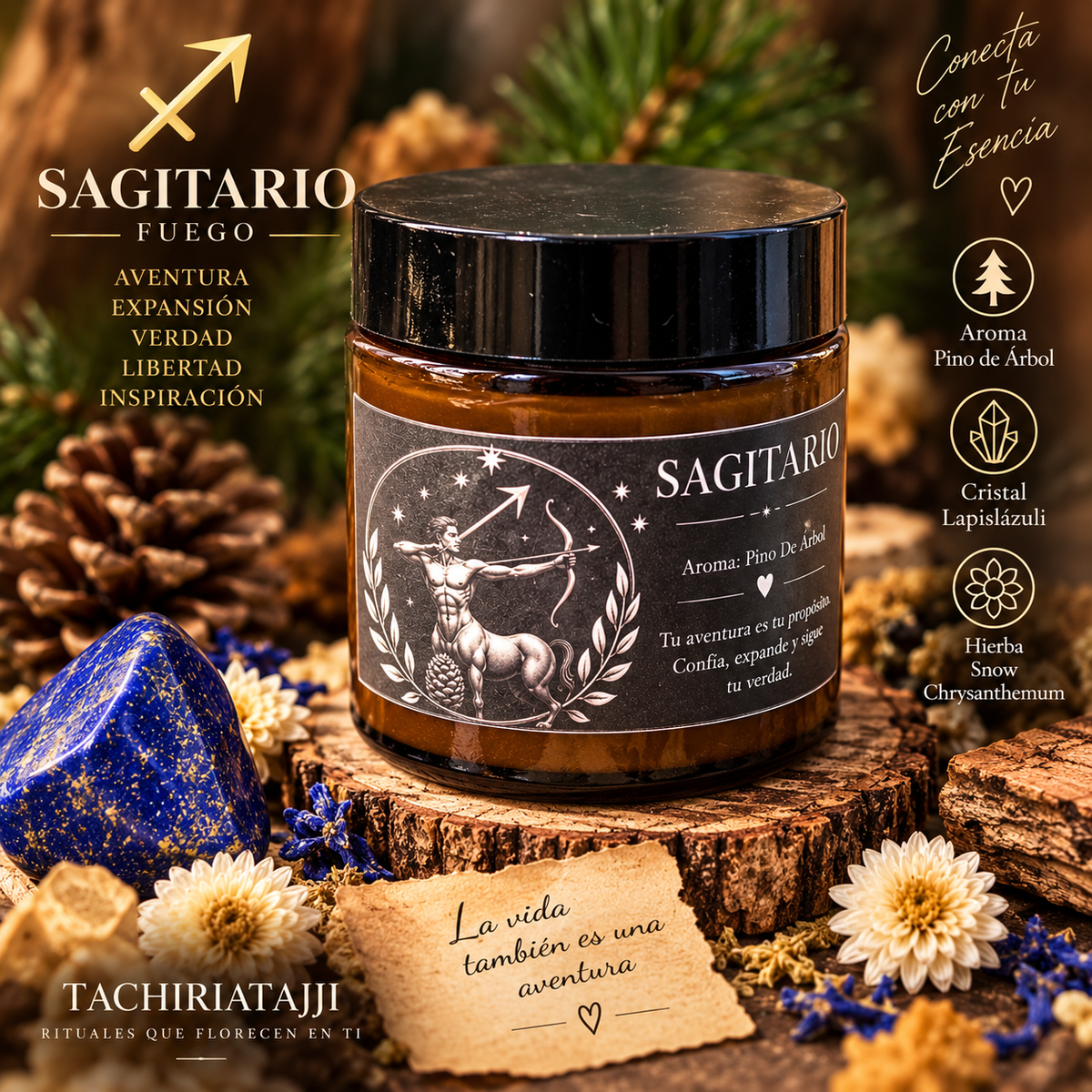♐ Sagitario-Vela Zodiacal – Pino de Montaña | Lapislázuli | Crisantemo Blanco(3.10 oz / 88 g)