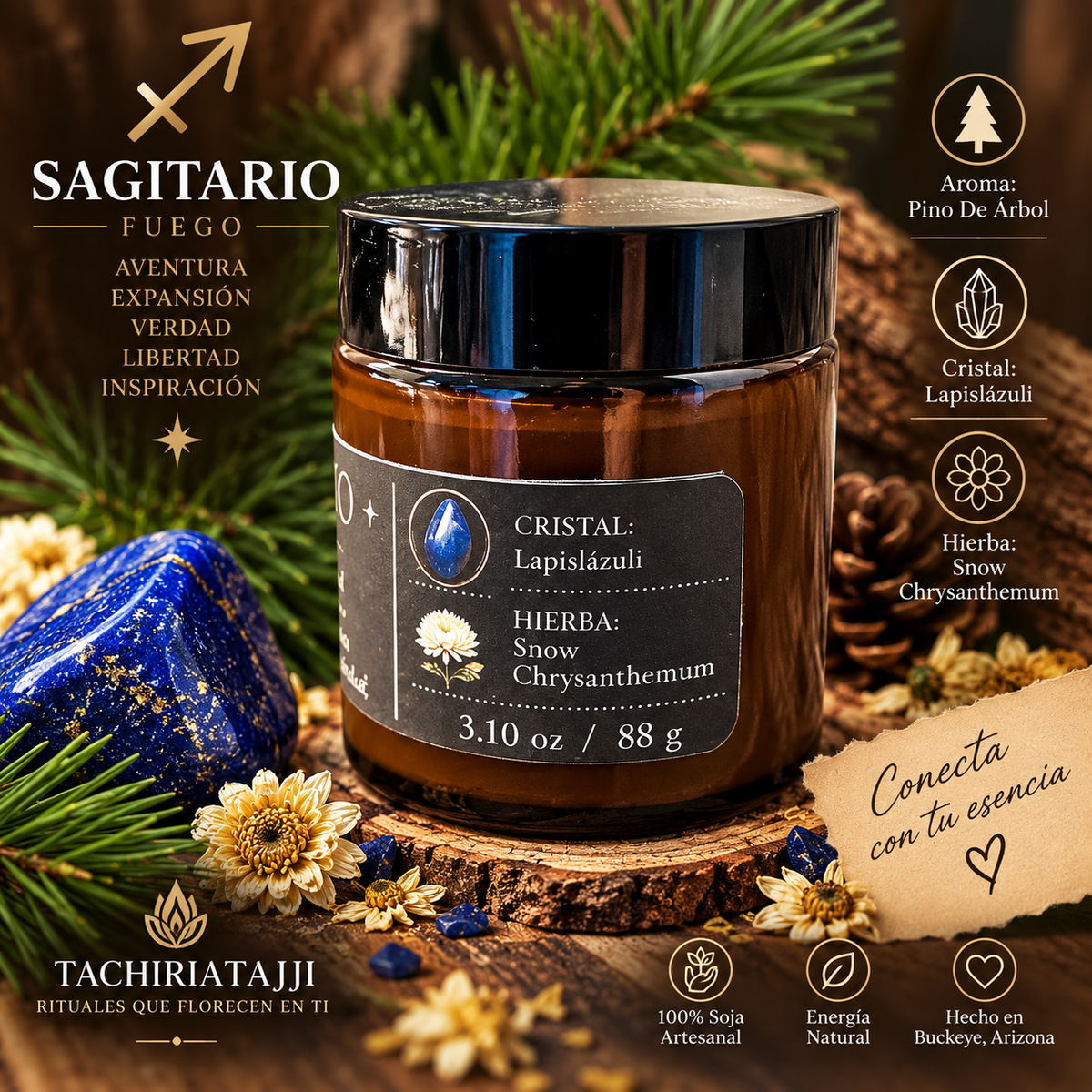 ♐ Sagitario-Vela Zodiacal – Pino de Montaña | Lapislázuli | Crisantemo Blanco(3.10 oz / 88 g)
