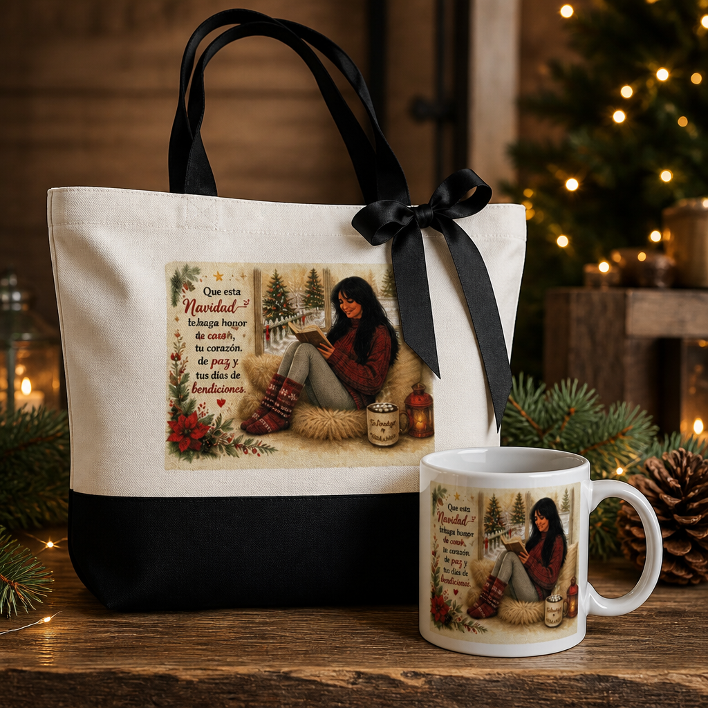 Set navideño: bolsa tote y taza