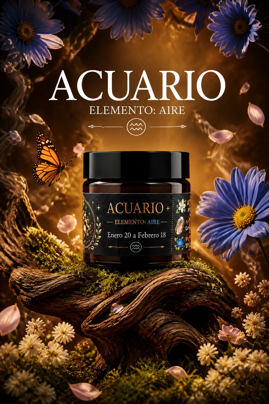 Vela Zodiacal Acuario – Jazmín | Cuarzo Rutilado | Flor de Guisante Azul