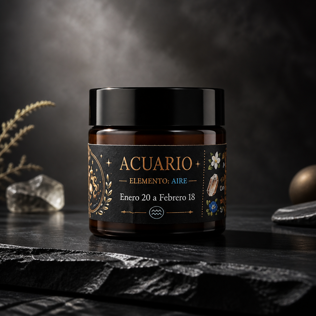 Vela Zodiacal Acuario – Jazmín | Cuarzo Rutilado | Flor de Guisante Azul