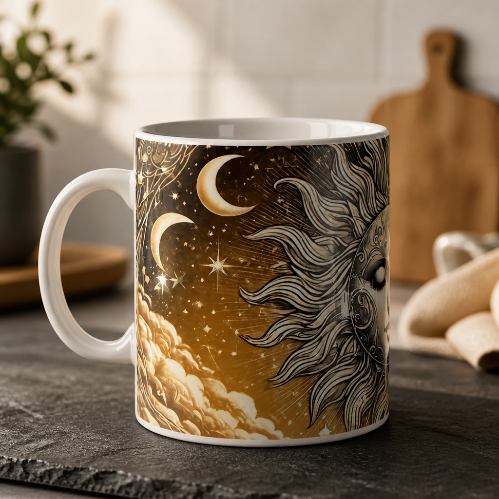 Taza de Cerámica de 11 oz – Diseño Sol y Luna Celestial