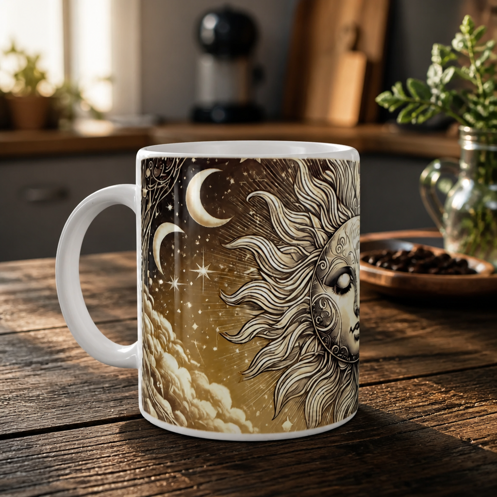 Taza de Cerámica de 11 oz – Diseño Sol y Luna Celestial