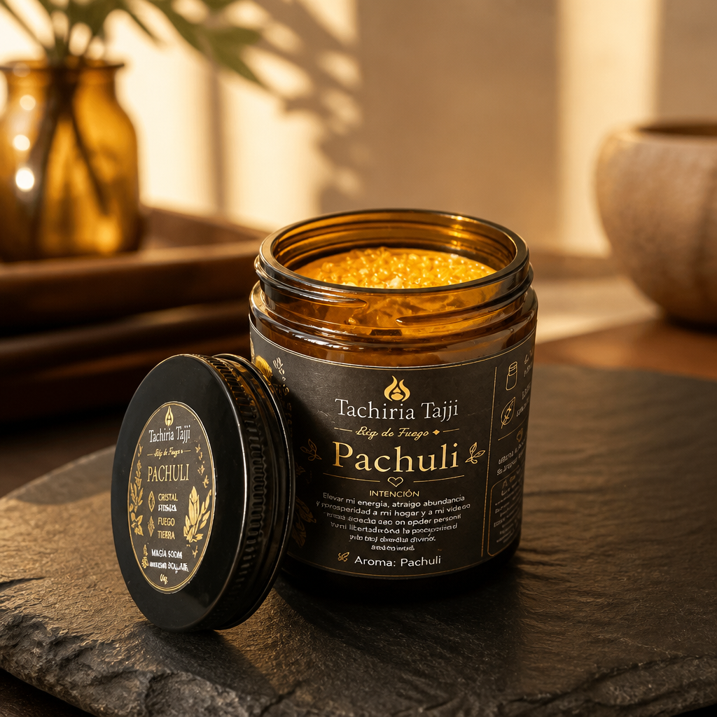 Velas de intencion Pachuli de Tachiriatajji en frasco amber elaborada con cera de soja cristal citrino y hojas de laurel. 