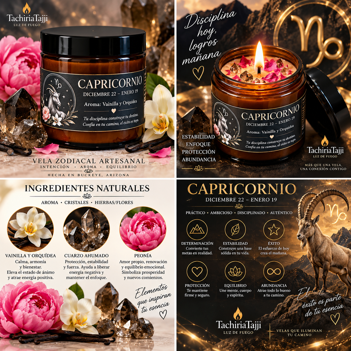 ela Capricornio, vela zodiacal, vela artesanal, Vainilla y Orquídea, Cuarzo Ahumado, Peonía, vela de soja, regalo Capricornio, TachiriaTajji.