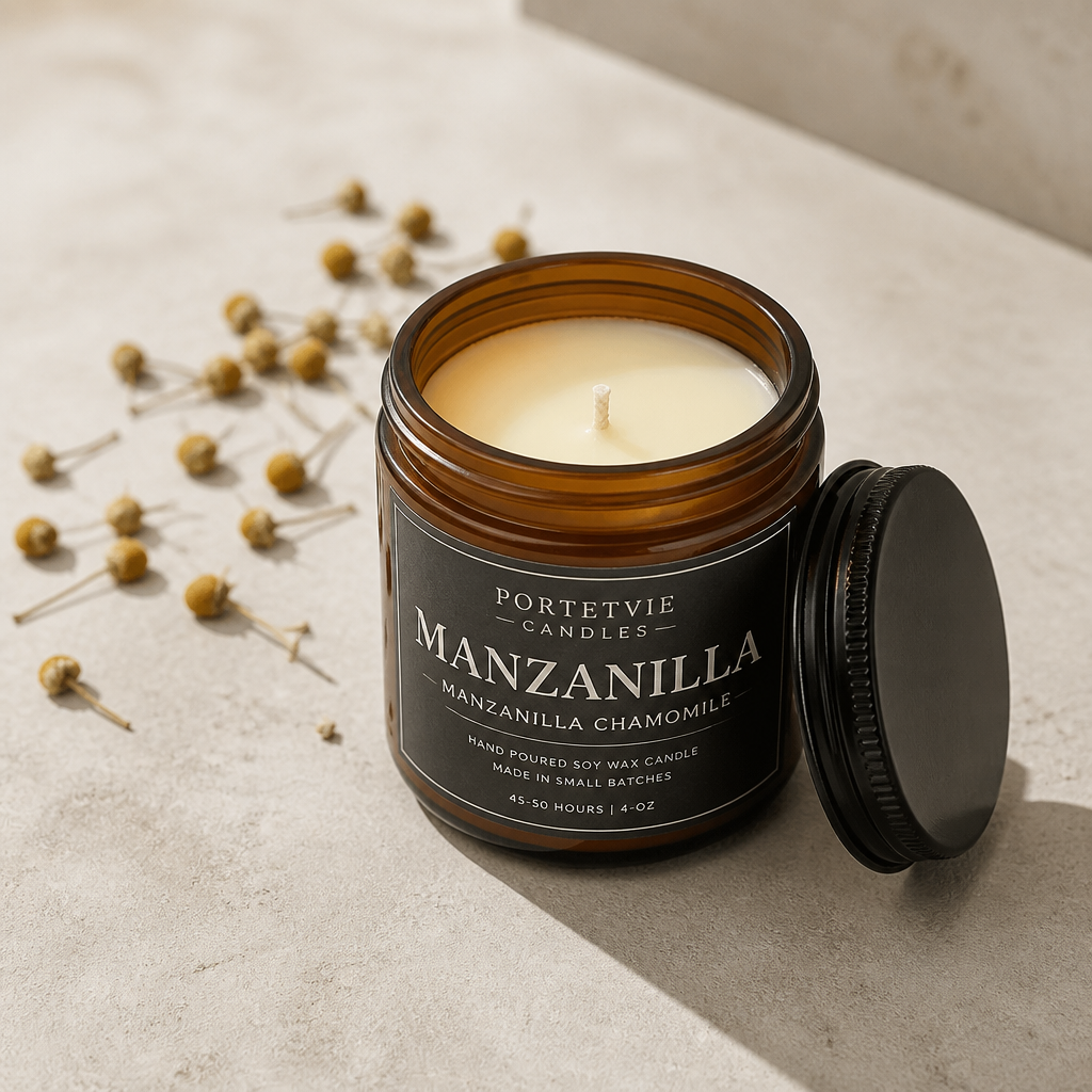 Vela artesanal de manzanilla de 6.3 oz en frasco ámbar TachiriaTajji