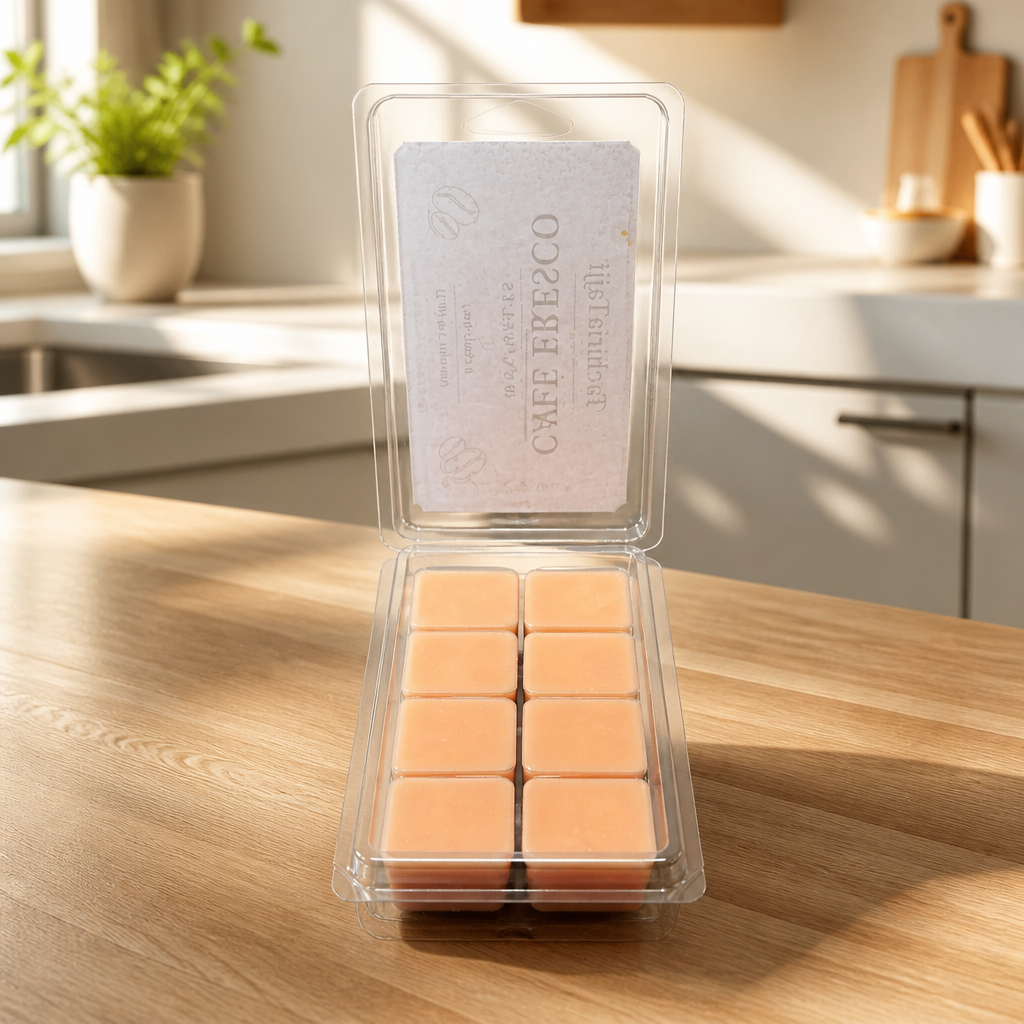 Wax melts artesanales con aroma a café fresco, 8 piezas y peso neto de 2 oz.