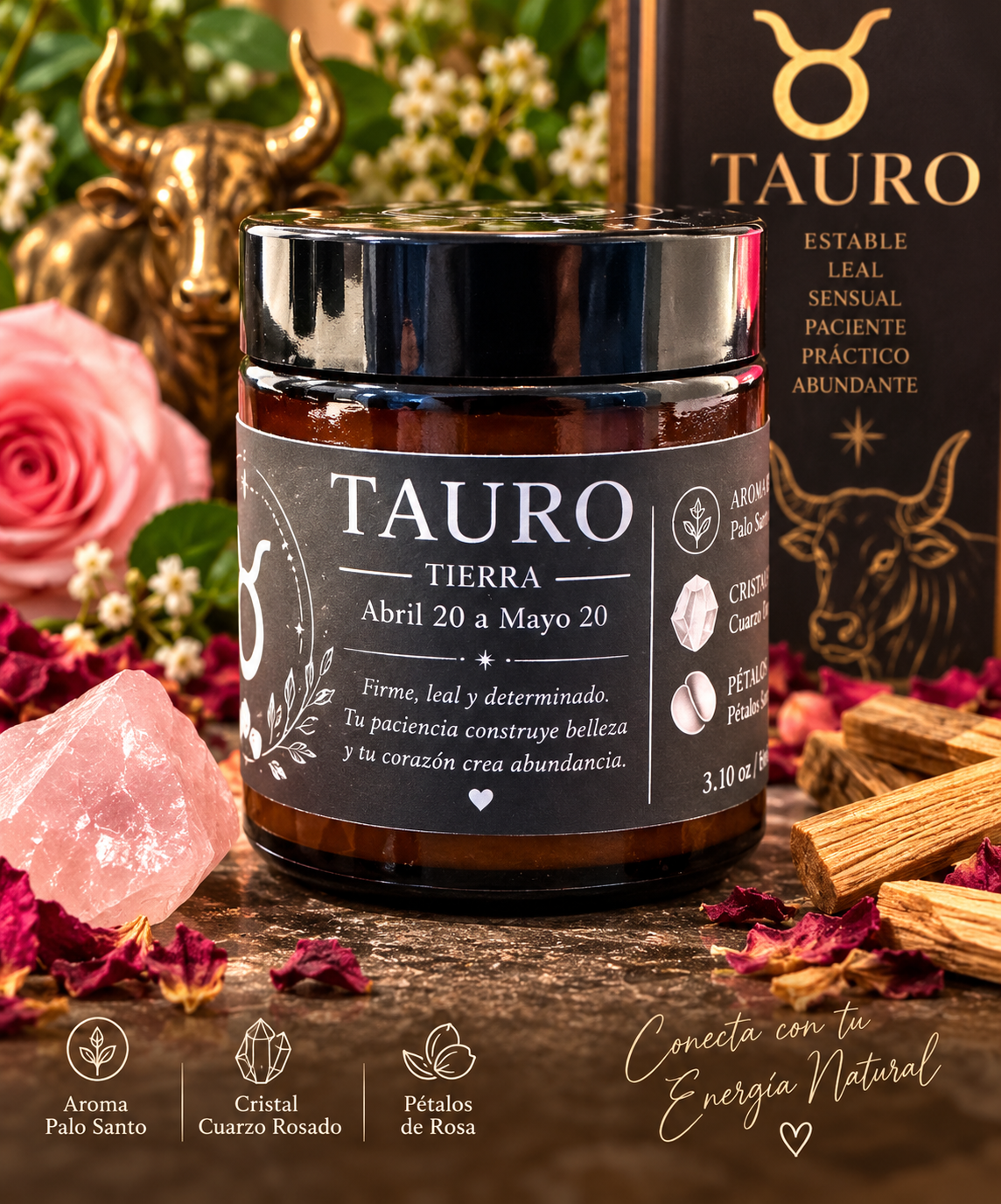 Vela zodiacal Tauro elemento Tierra, artesanal en frasco ámbar con etiqueta astrológica.