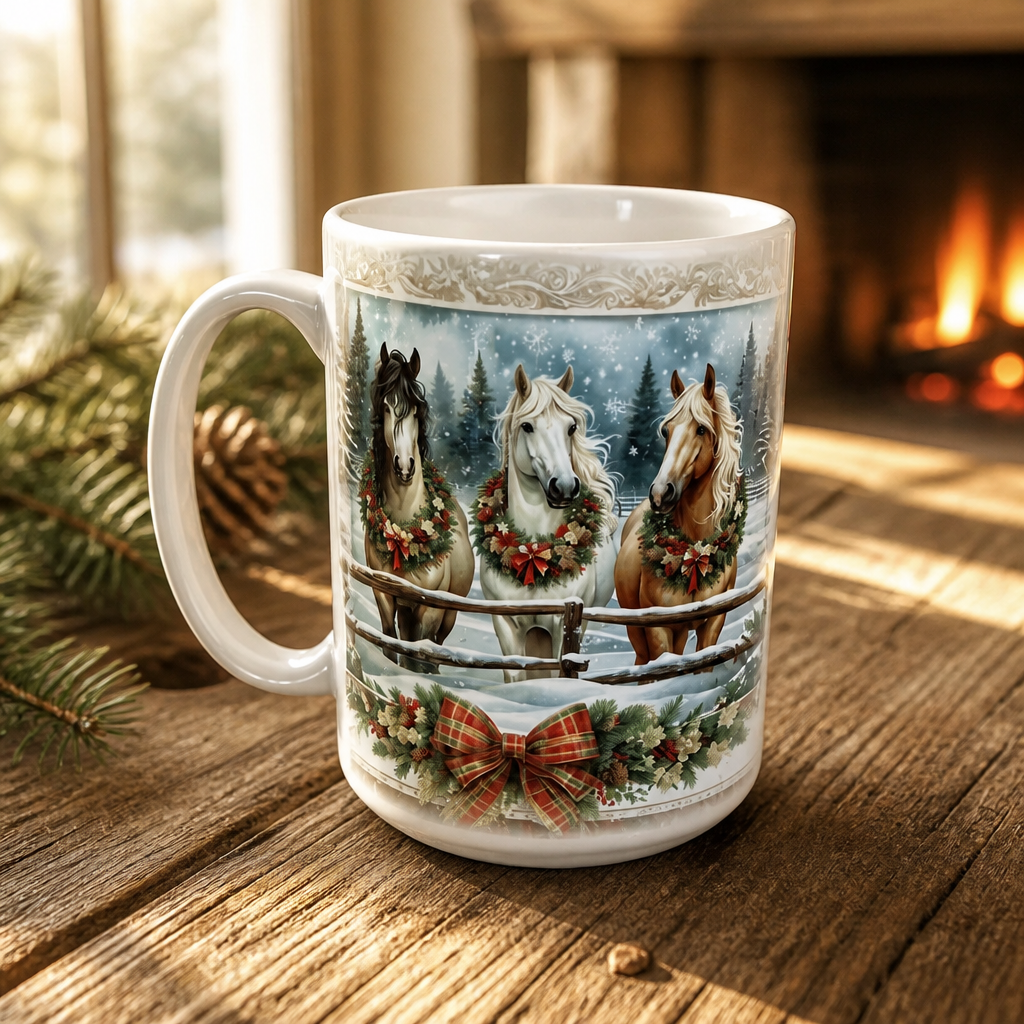 Taza blanca de Navidad decorada con tres caballos, guirnaldas y lazo rojo