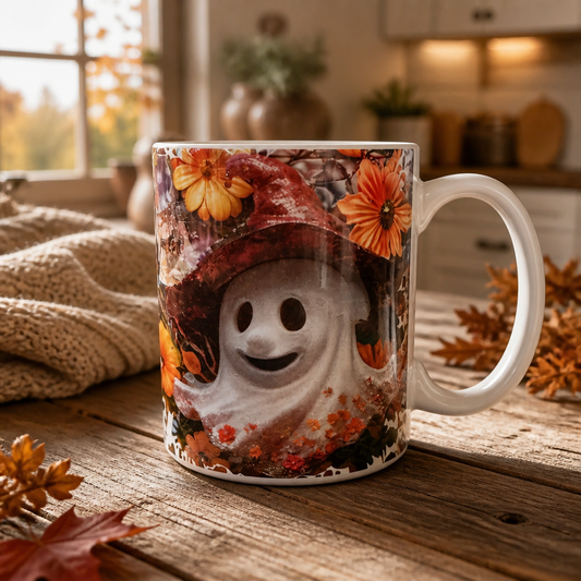 Taza blanca de Halloween decorada con vampiros, fantasmas y calabazas tiernas