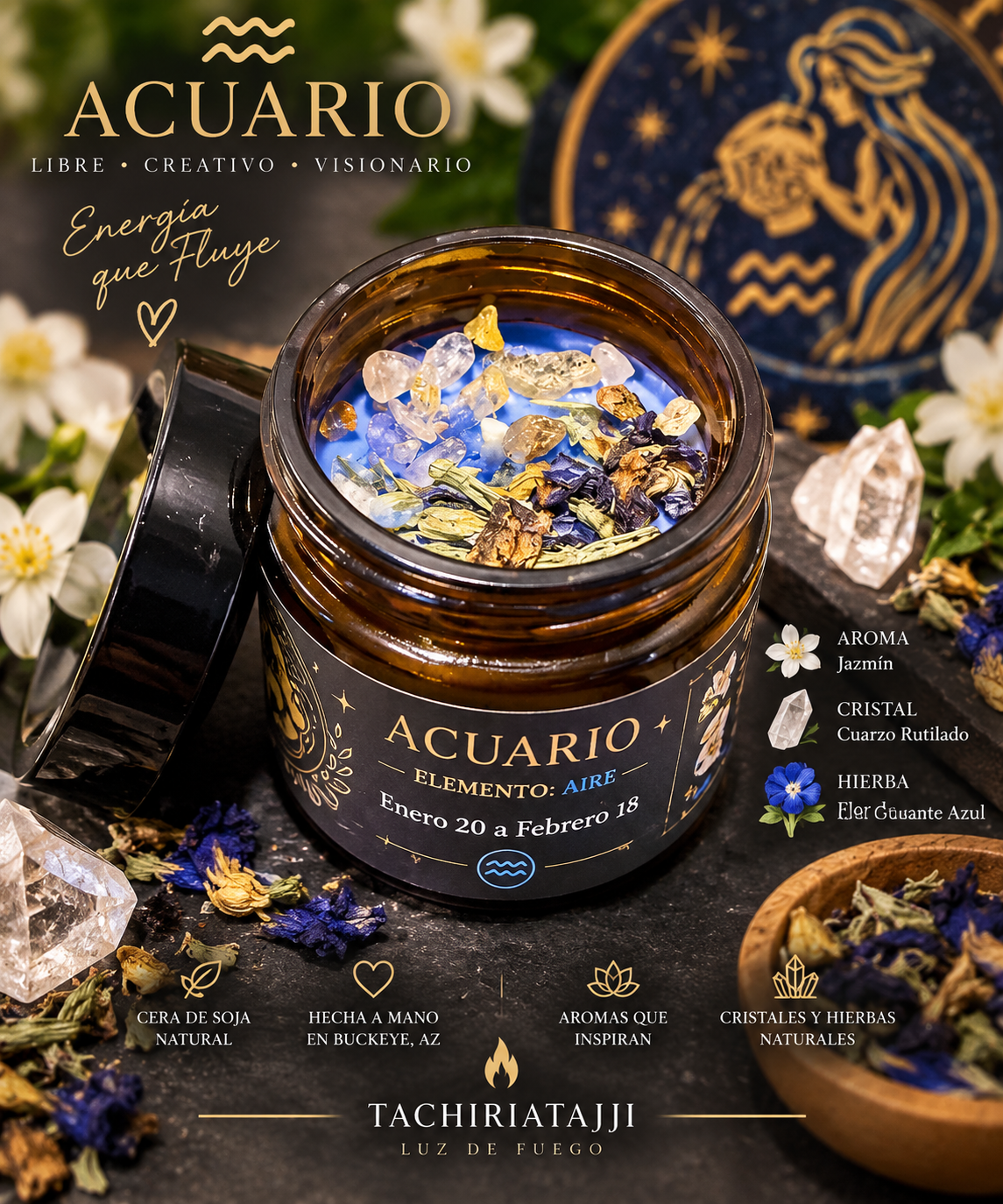 Vela Acuario abierta decorada con cuarzo rutilado y flor de guisante azul sobre cera de soja.