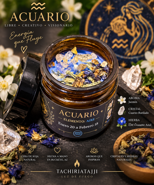 Vela Acuario abierta decorada con cuarzo rutilado y flor de guisante azul sobre cera de soja.