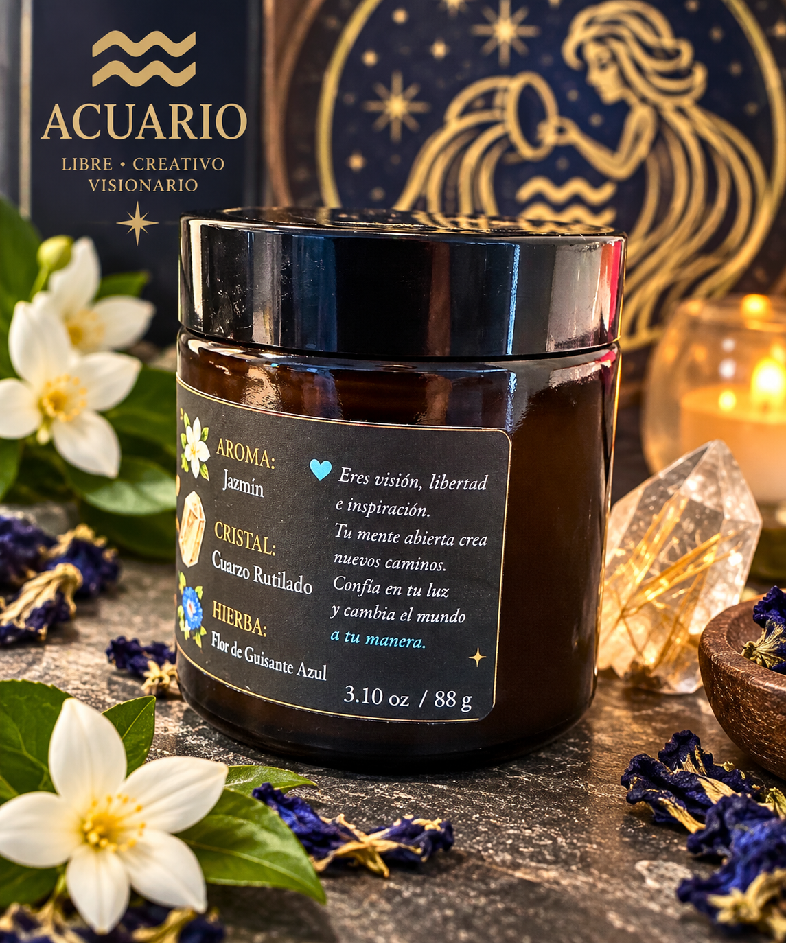Vela zodiacal Acuario de 3.10 oz con mensaje de visión, libertad e inspiración y detalles artesanales.