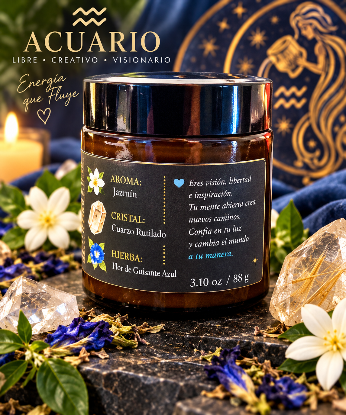 Vela zodiacal Acuario de 3.10 oz con mensaje de visión, libertad e inspiración y detalles artesanales.