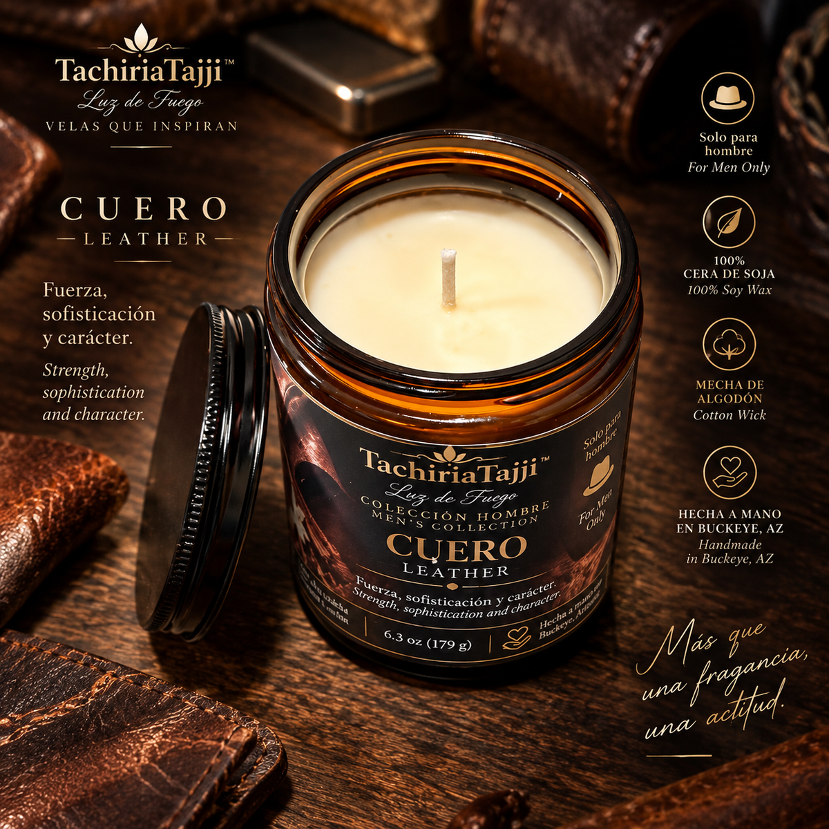 Vela aromática Cuero Leather de la Colección Hombre TachiriaTajji, hecha a mano en Buckeye Arizona