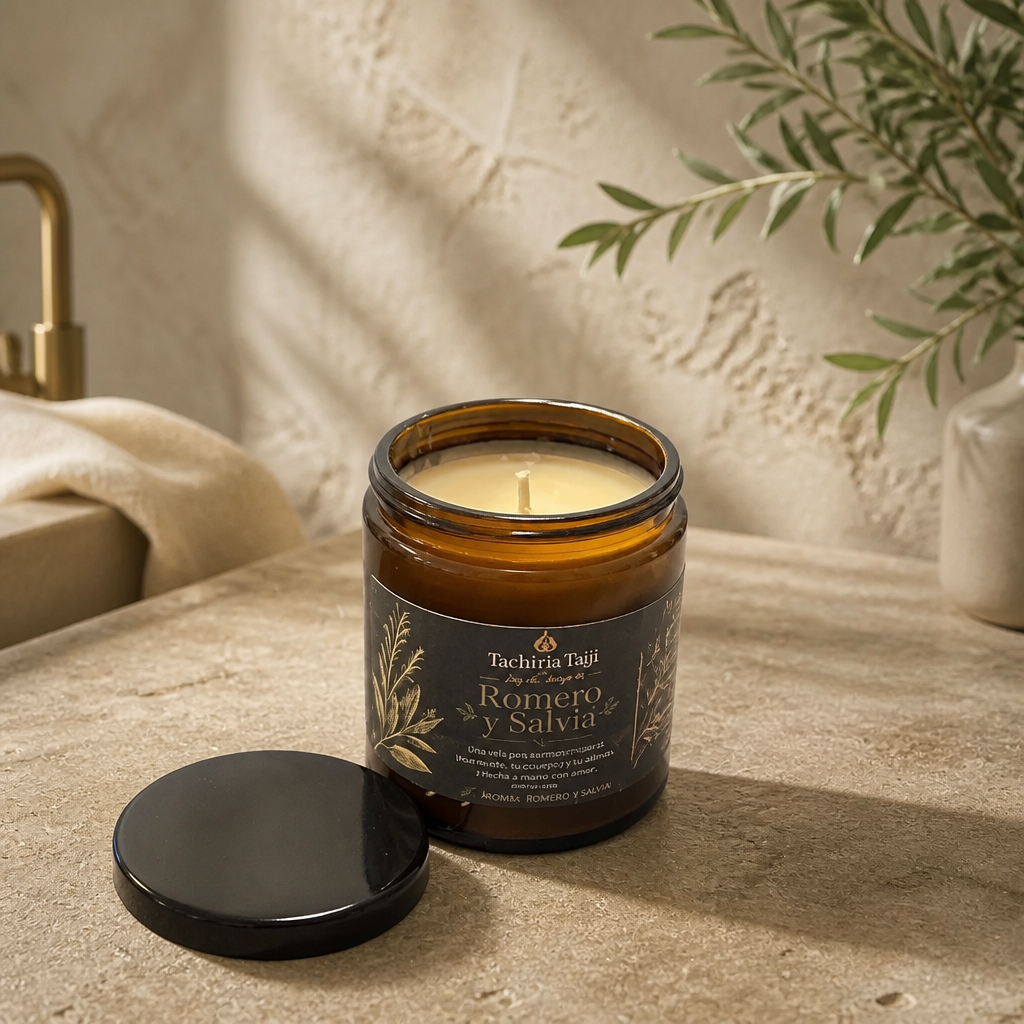 Vela aromática herbal de Romero y Salvia para crear un ambiente fresco, tranquilo y acogedor en el hogar.
