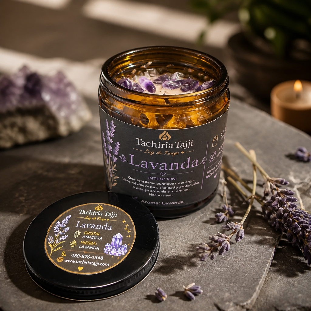 Vela aromática de lavanda acompañada de cristal de amatista
