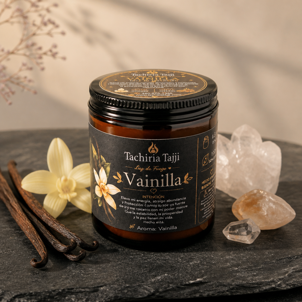 Vela artesanal de cera de soja con citrino, canela y aroma a vainilla de TachiriaTajji