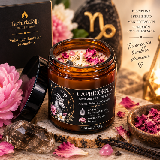 Vela Capricornio abierta con Cuarzo Ahumado, Peonía y aroma Vainilla y Orquídea, hecha a mano.