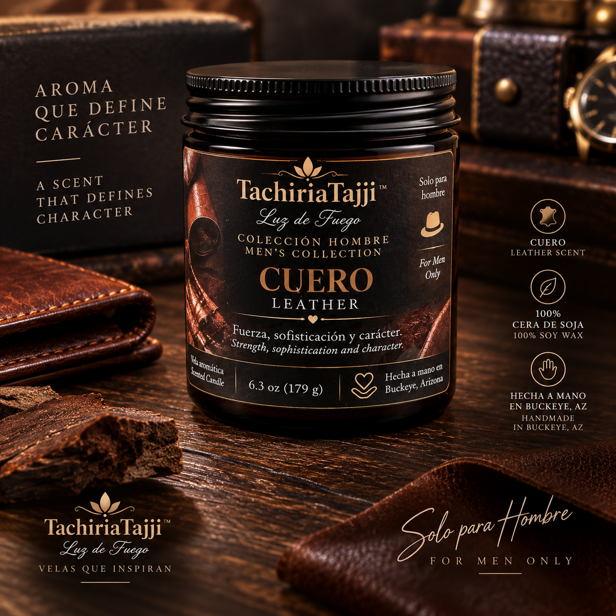 Vela aromática Cuero para hombre de 6.3 oz, hecha a mano con cera de soja por TachiriaTajji en Buckeye Arizona.