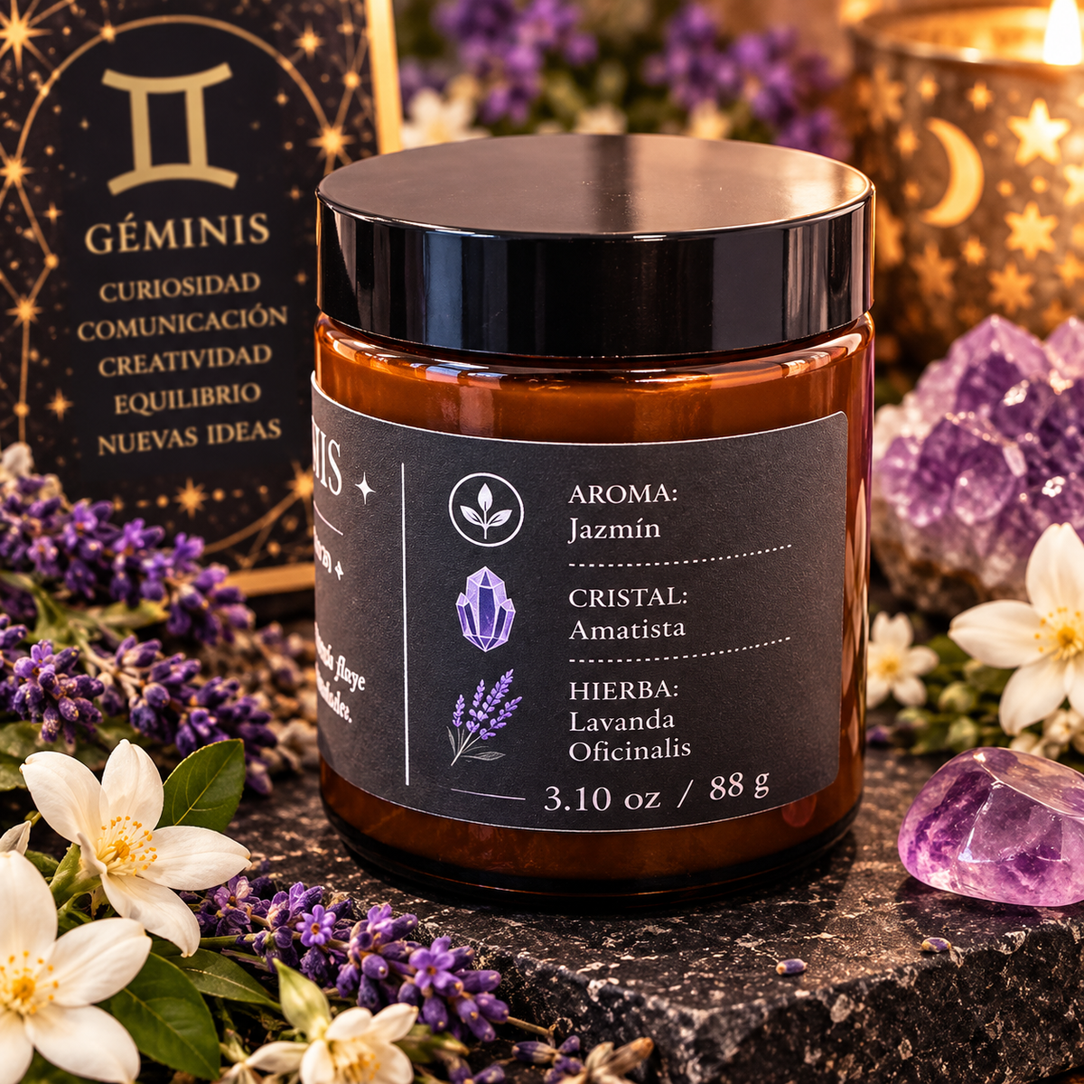 Vela Géminis de 3.10 oz con aroma a jazmín, cristal amatista y lavanda officinalis.