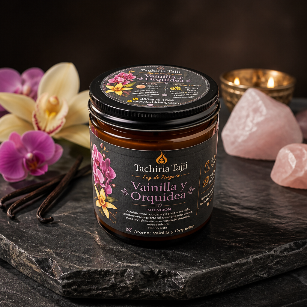 Detalle de vela de intención de 6.3 oz decorada con piedras de cuarzo rosa y flores de jazmín seco, con aroma de vainilla y orquíde