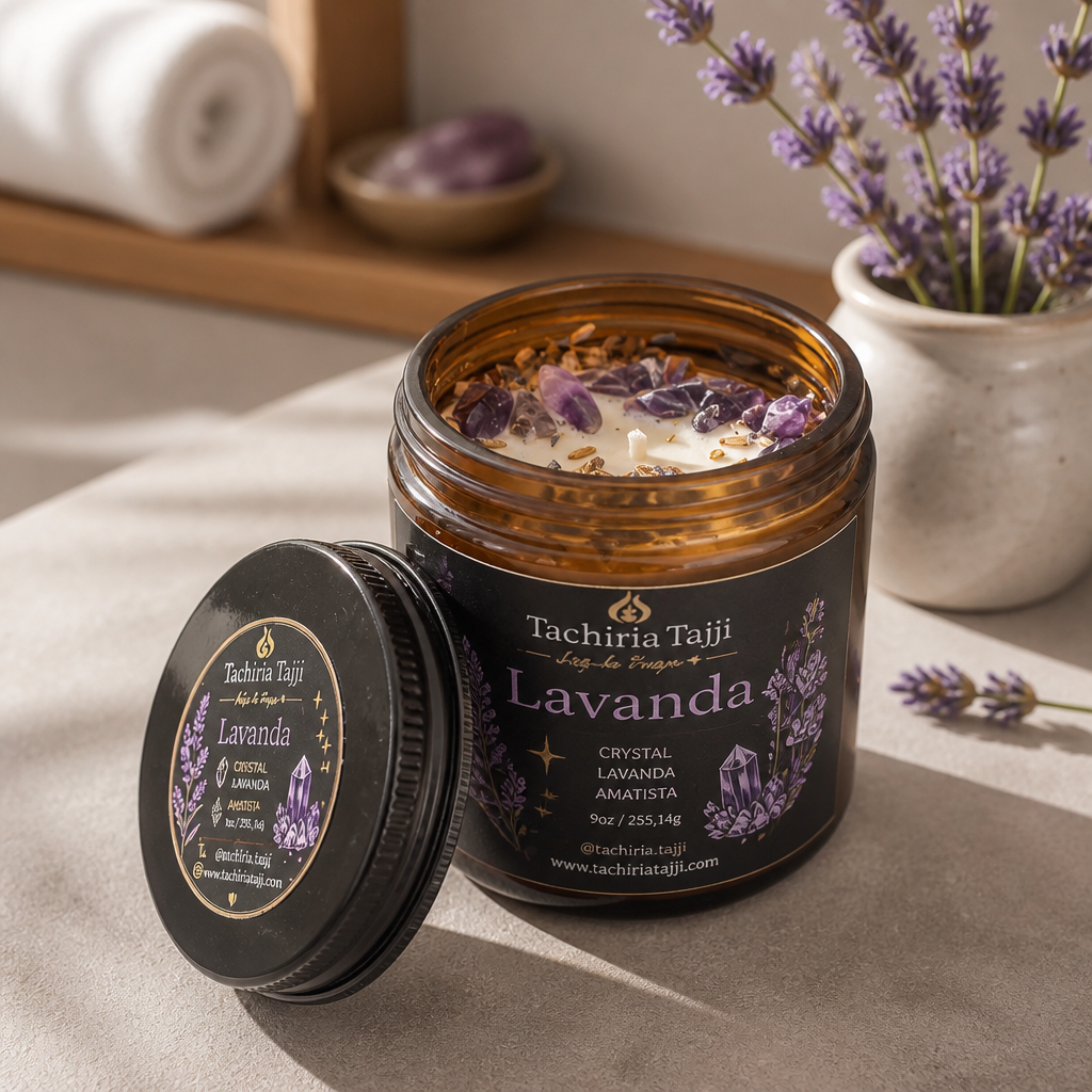 Vela de intención de lavanda con amatista elaborada artesanalmente por TachiriaTajji