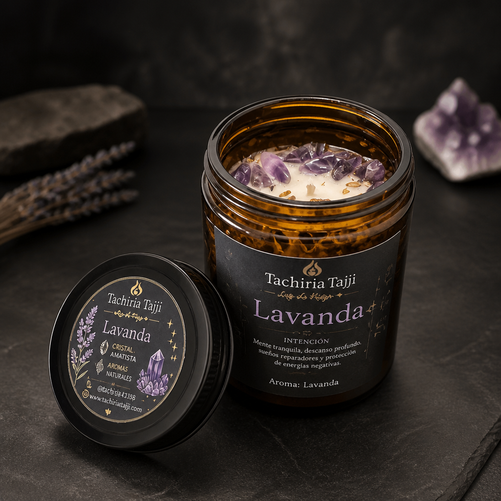 Vela de intención de lavanda con amatista, elaborada artesanalmente por TachiriaTajji