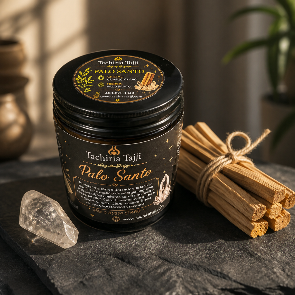 Vela de intención de Palo Santo con cuarzo claro, elaborada artesanalmente por TachiriaTajji