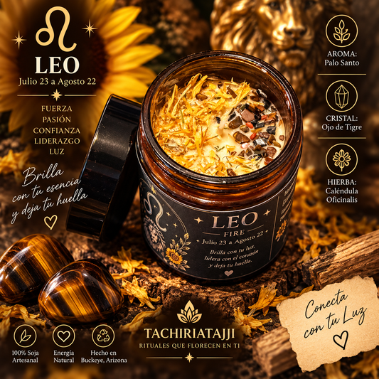 Vela zodiacal Leo artesanal con aroma Palo Santo, cristal Ojo de Tigre y Caléndula Officinalis