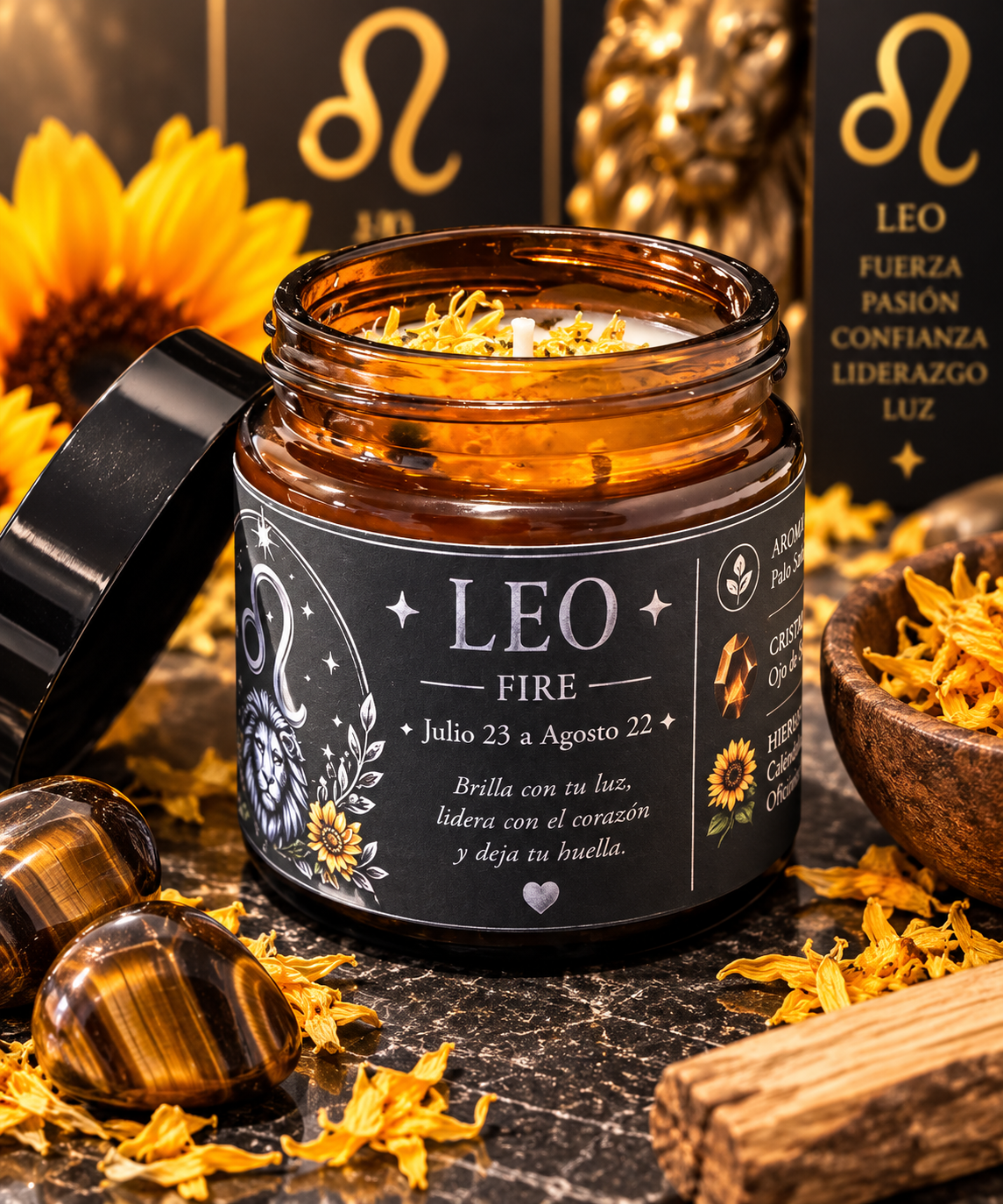 Vela artesanal Leo con Palo Santo, cristales Ojo de Tigre y pétalos de caléndula