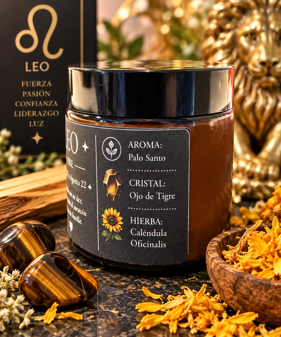Vela Leo con aroma Palo Santo, cristal Ojo de Tigre y Caléndula Officinalis