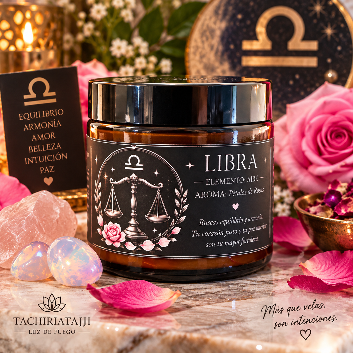 Vela zodiacal Libra TachiriaTajji con rosas y ópalo, inspirada en equilibrio, armonía, amor y paz.