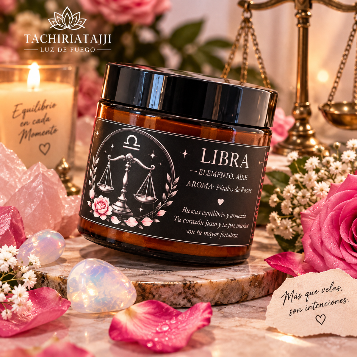 Vela zodiacal Libra de 3.10 oz con cristal ópalo y pétalos de rosas, hecha artesanalmente por TachiriaTajji.