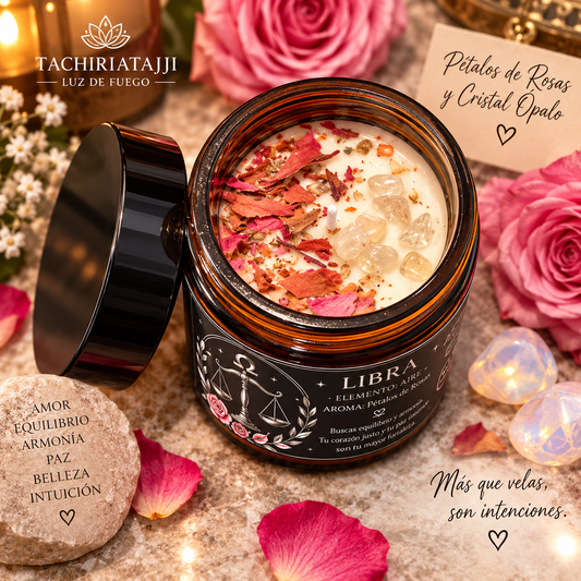 Vela Libra abierta decorada con pétalos de rosas y cristal ópalo en frasco ámbar artesanal.