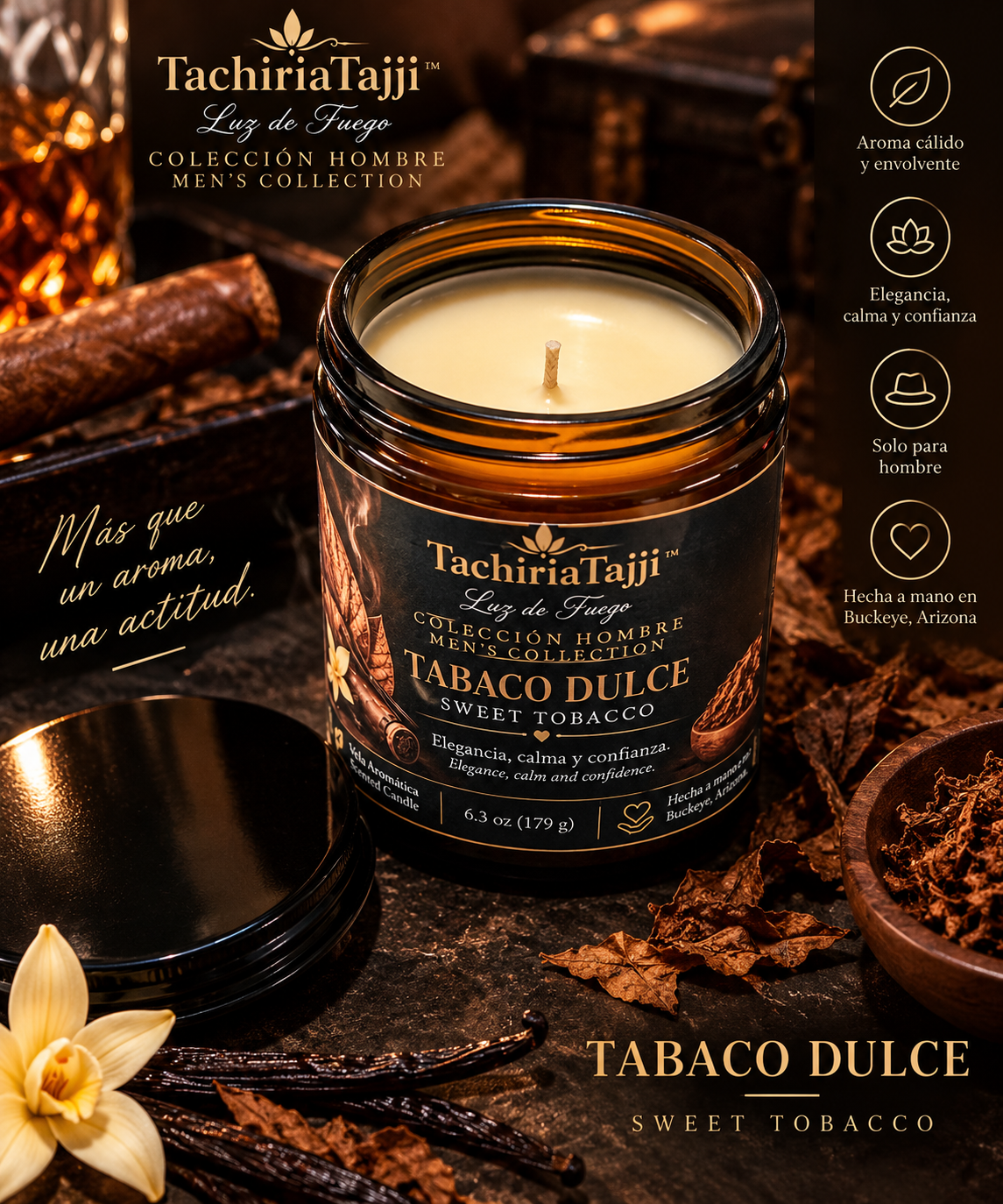 Vela masculina artesanal aroma Tabaco Dulce, elaborada con cera de soja en Buckeye, Arizona.