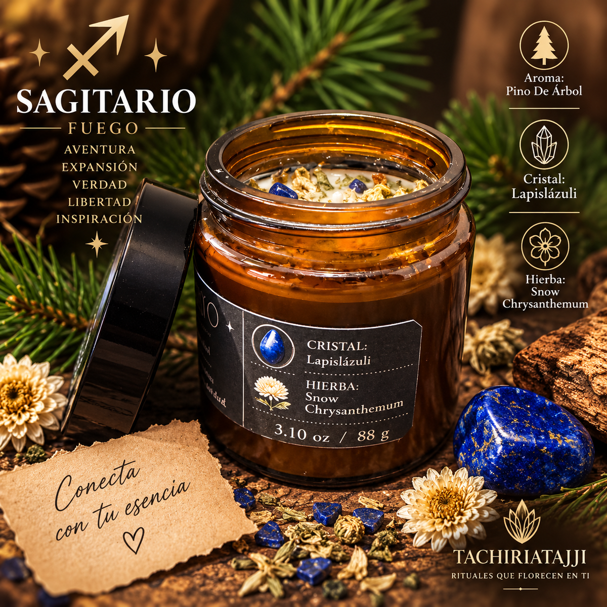 Vela Sagitario abierta decorada con lapislázuli y Snow Chrysanthemum