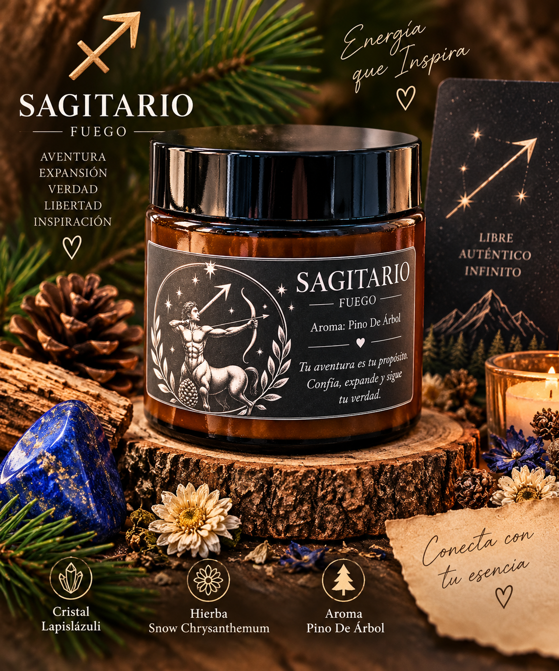 Vela zodiacal Sagitario con cristal lapislázuli y hierba Snow Chrysanthemum 3.10 oz