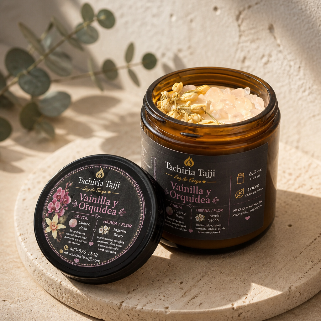 Vela de soja Vainilla y Orquídea de TachiriaTajji con tapa decorada, cuarzo rosa y jazmín seco, ideal para regalo.