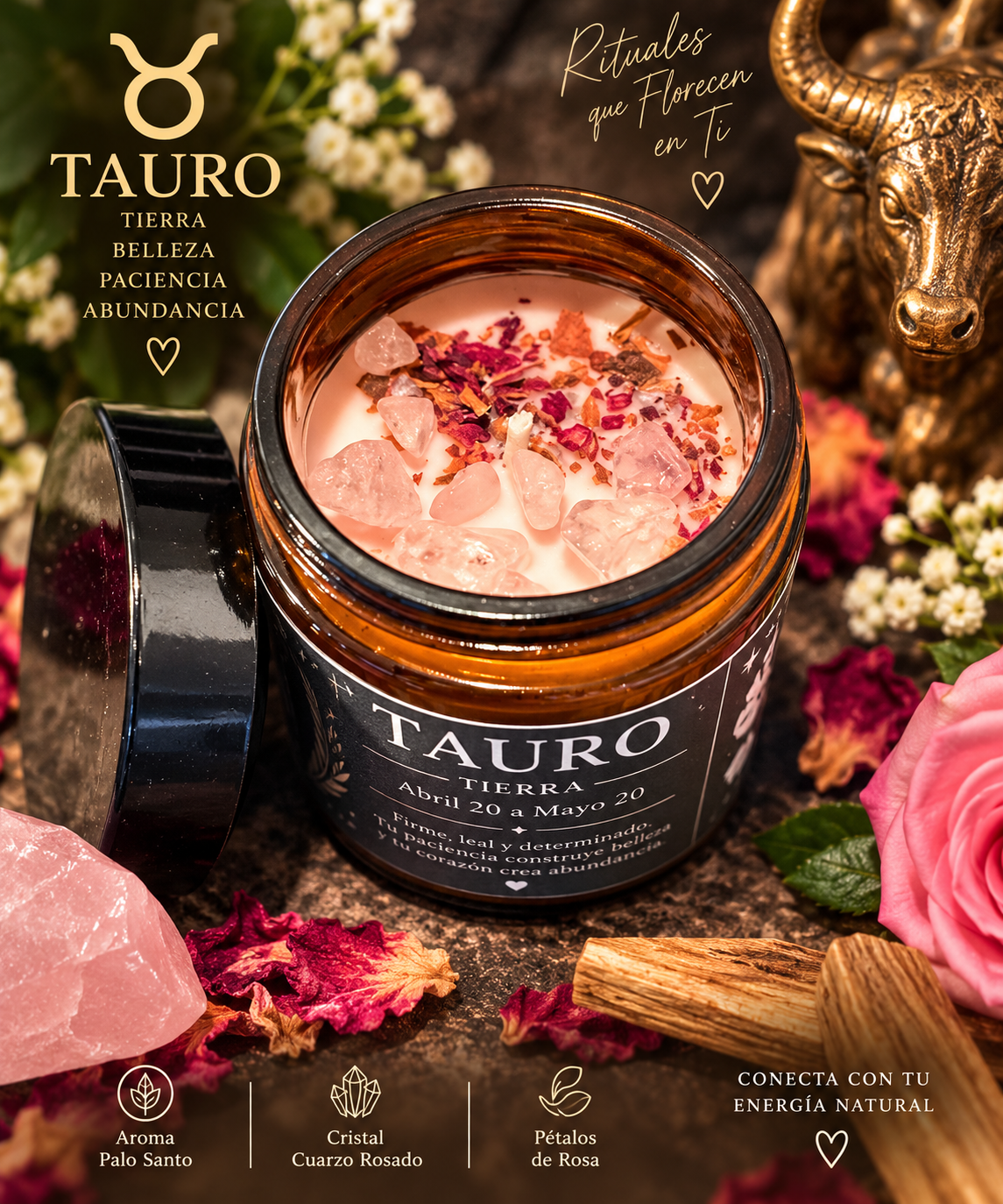 Vela Tauro abierta decorada con cuarzo rosado y pétalos de rosa sobre cera artesanal.