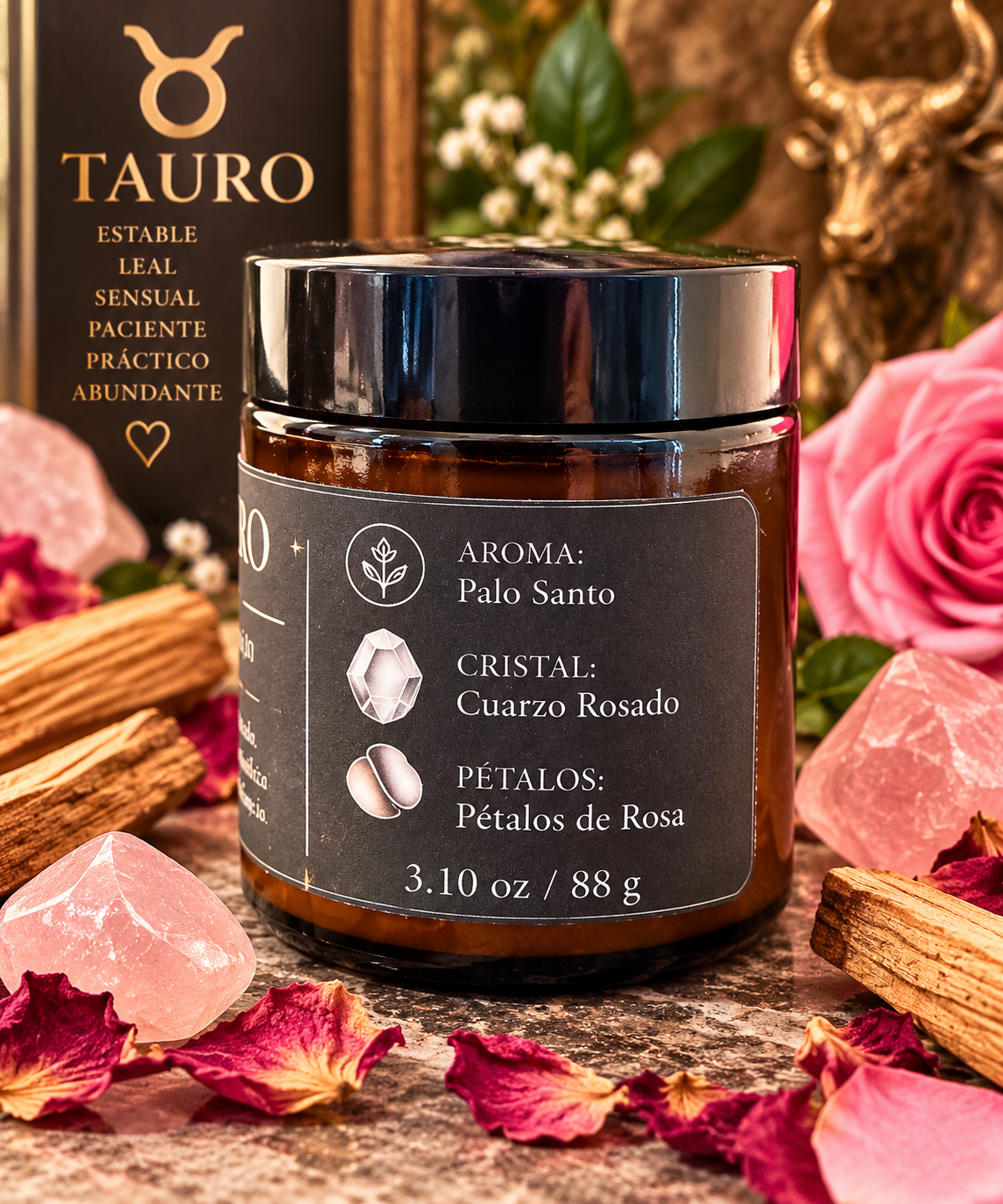 Vela Tauro con aroma Palo Santo, cuarzo rosado y pétalos de rosa, 3.10 oz.