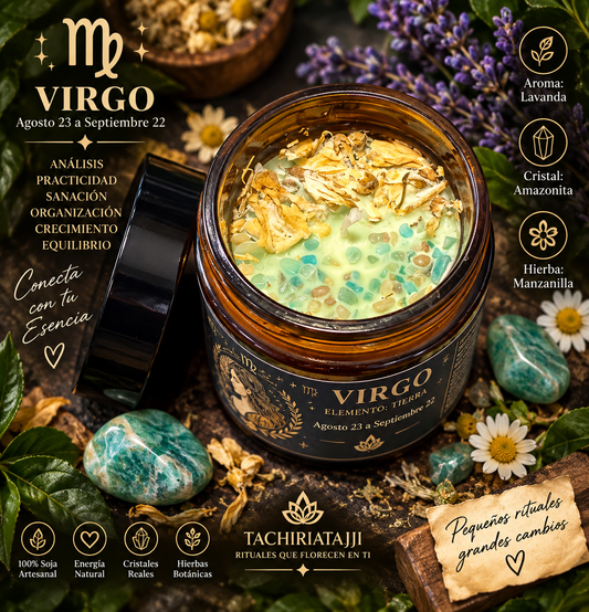 la zodiacal Virgo artesanal con aroma a lavanda, cristal amazonita y manzanilla, TachiriaTajji.
