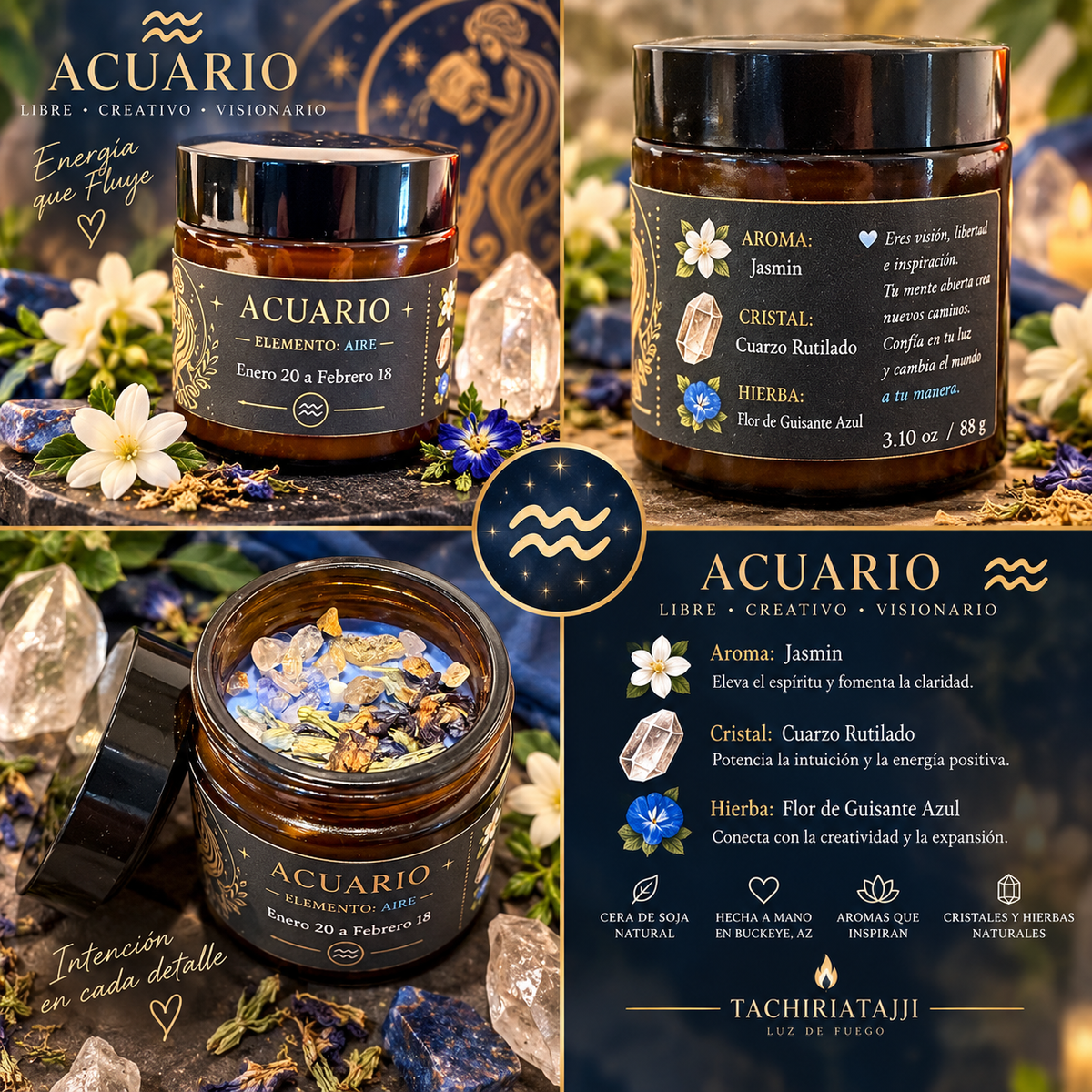 Vela zodiacal Acuario TachiriaTajji con jazmín, cuarzo rutilado y flor de guisante azul en diferentes vistas