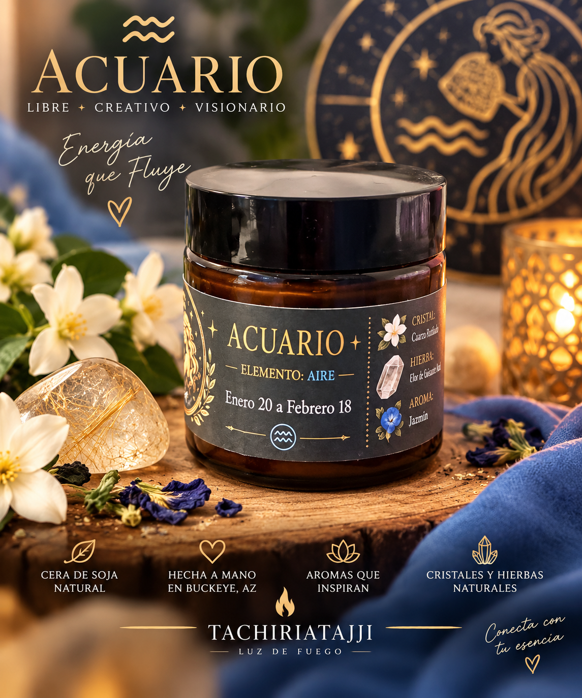 Vela zodiacal Acuario artesanal de soja con aroma a jazmín, cuarzo rutilado y flor de guisante azul.